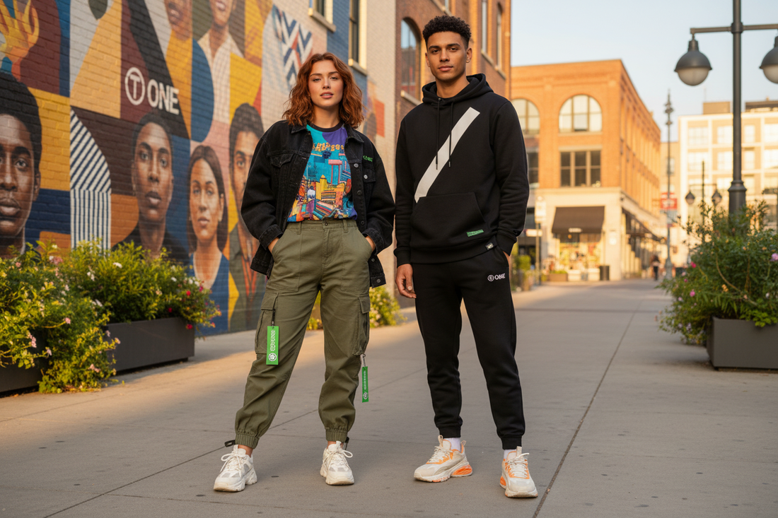 Trendy streetwear outfits for young adults styled with urban mural art in the background