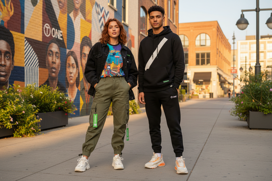 Trendy streetwear outfits for young adults styled with urban mural art in the background