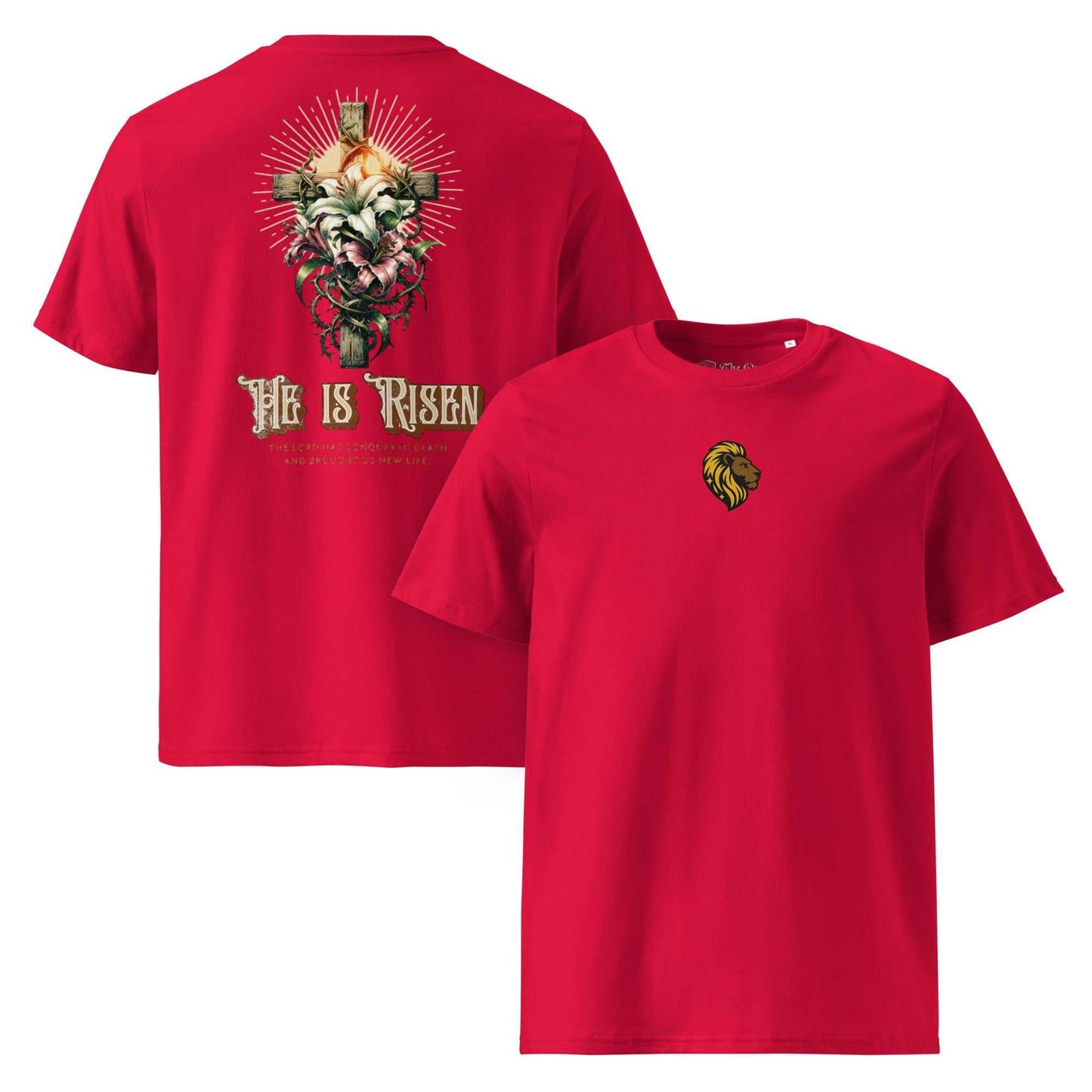 He Is Risen T-Shirt: Christian Easter Apparel, Cross & Lion Design, Organic Cotton