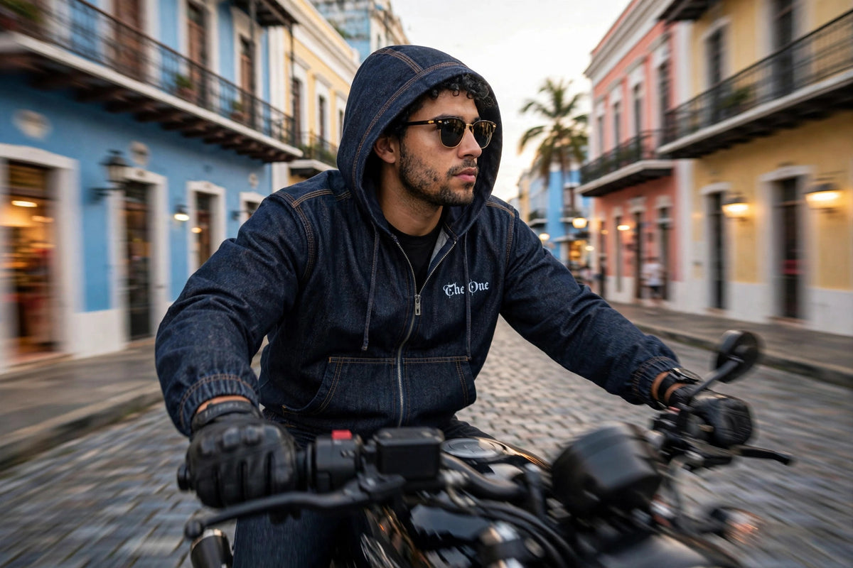 Modelo usando The One Boxy Vintage Wash Hooded Denim Jacket