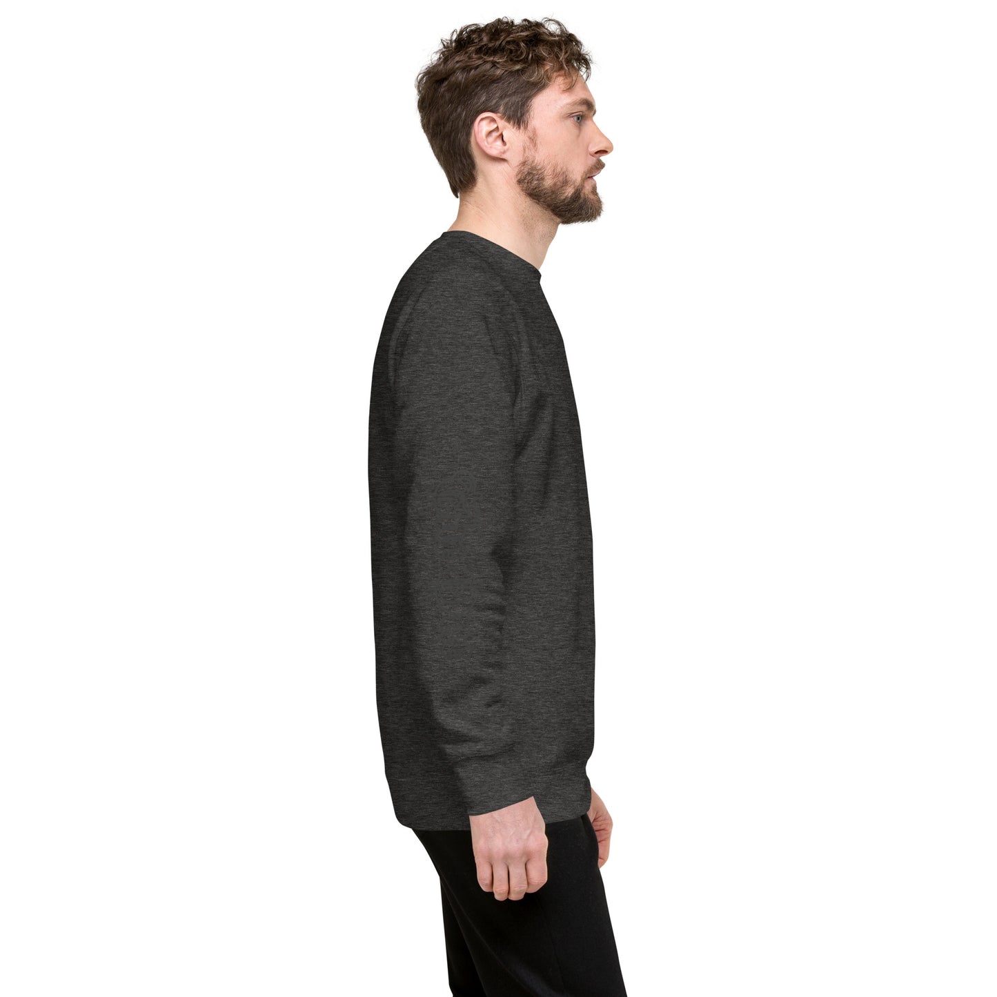 Unisex Premium Crewneck Sweatshirt - Gray Fleece Pullover on Man, Side View