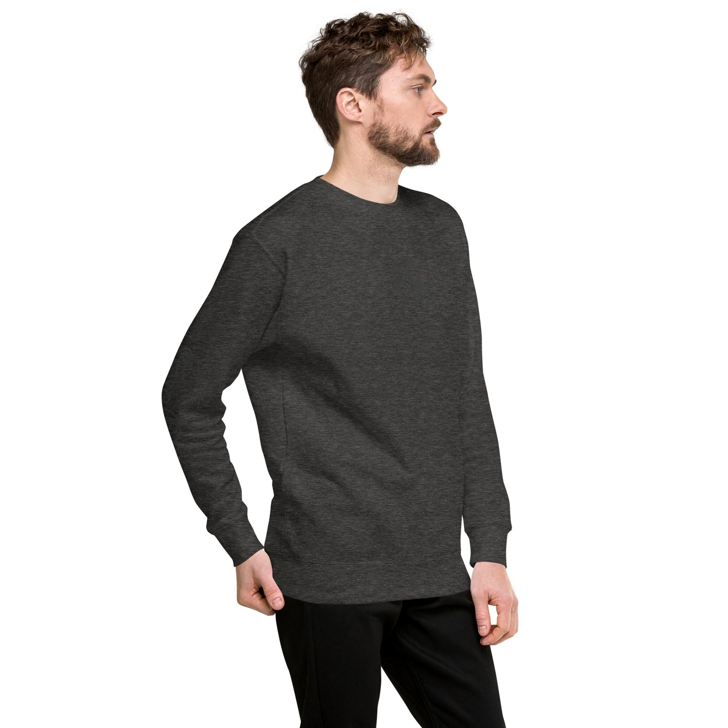 Unisex Premium Crewneck Sweatshirt, Heather Gray, Soft Fleece Streetwear. Man Wearing Long Sleeve Pullover.