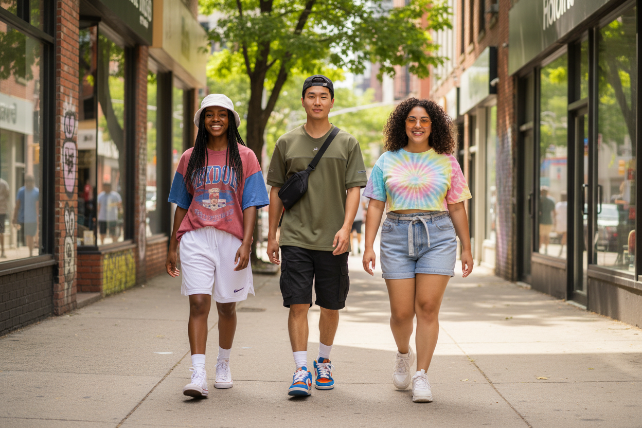 Diverse group of friends showcasing summer streetwear fashion trends for all body types on a city sidewalk