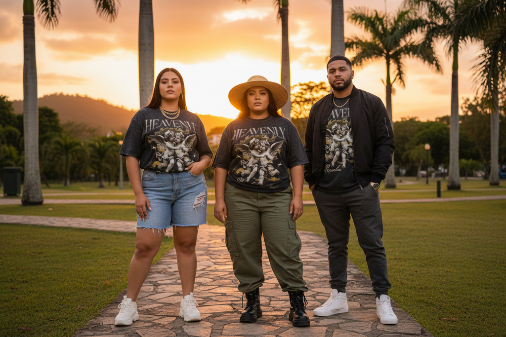 Black t-shirt with angel graphic and 'Heavenly Realm' text on a white background