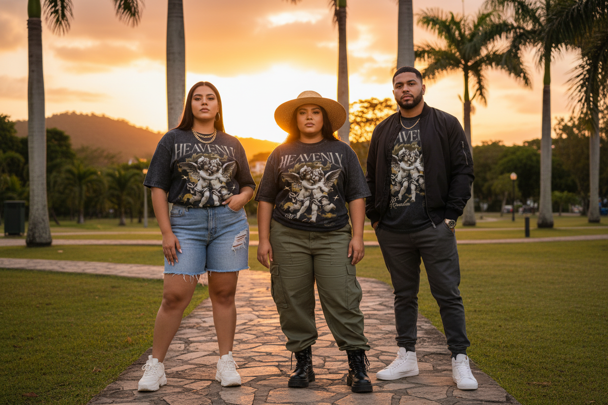 Black t-shirt with angel graphic and 'Heavenly Realm' text on a white background