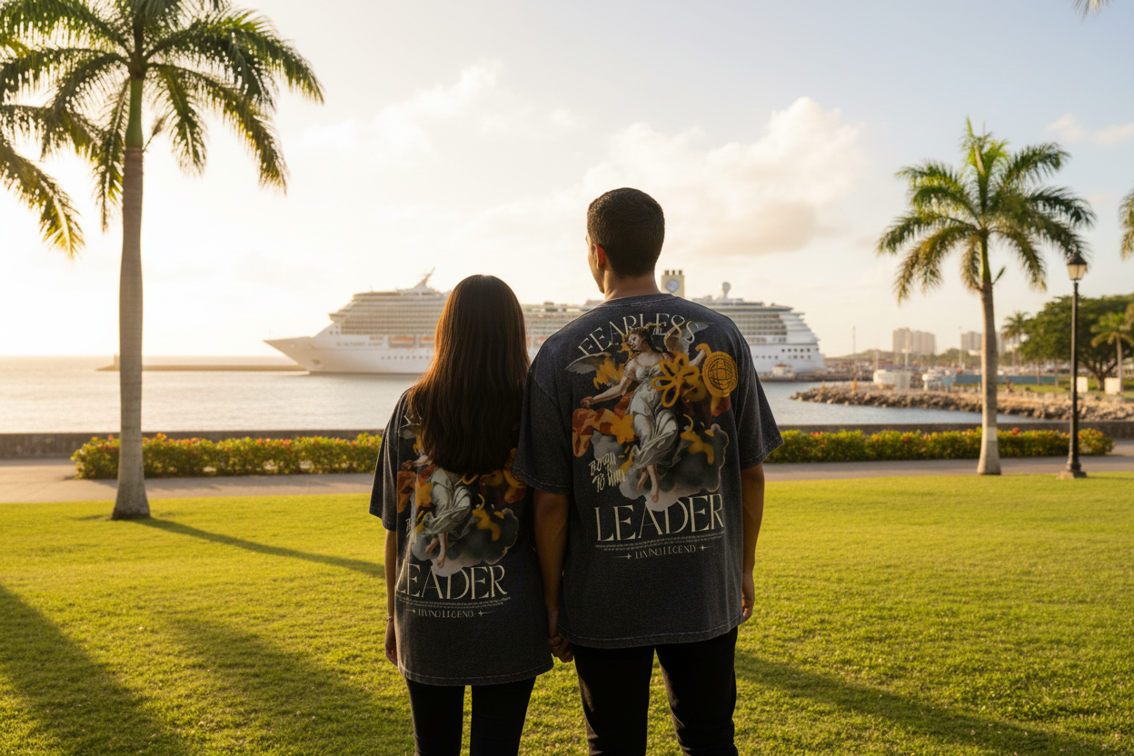 Two people standing on a grassy area with palm trees and a cruise ship in the background.
