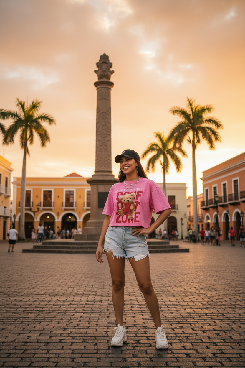 Pink t-shirt with teddy bear graphic and text on a white background