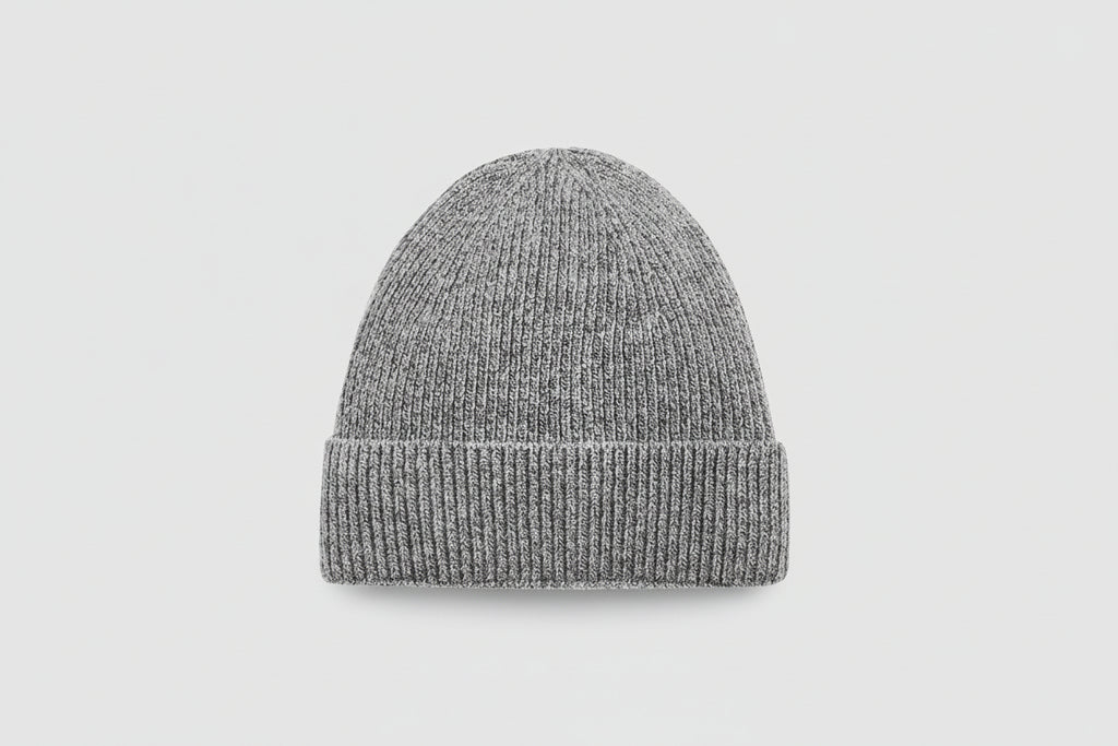 Gray knit beanie on a white background