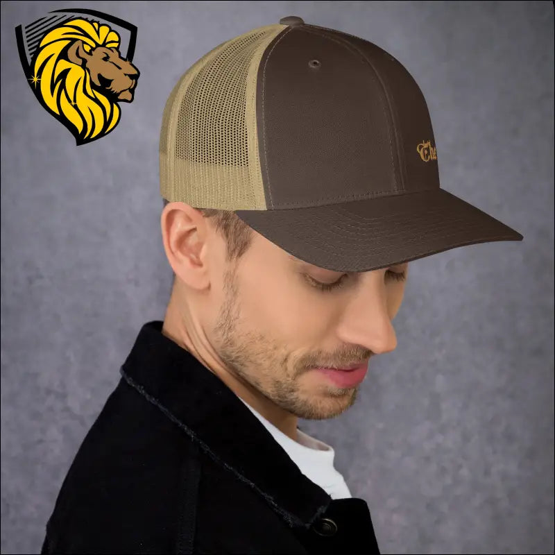 Trucker cap featuring brown front panel and tan mesh back for stylish bold look