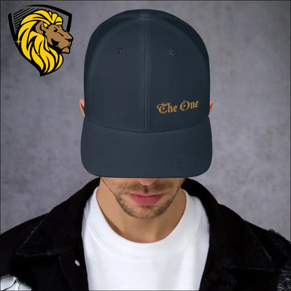 Black baseball cap with gold The One embroidery for a bold look in stylish trucker cap