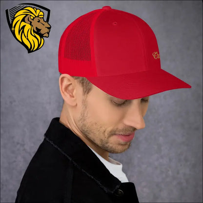 Bright red trucker cap with mesh back, perfect for a bold look and stylish wear