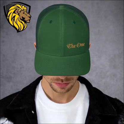 Green trucker cap featuring The One in gold embroidery for a stylish look