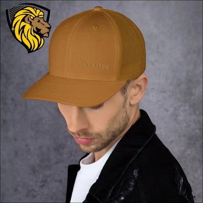 Mustard yellow trucker cap with embroidered text for a bold look and style