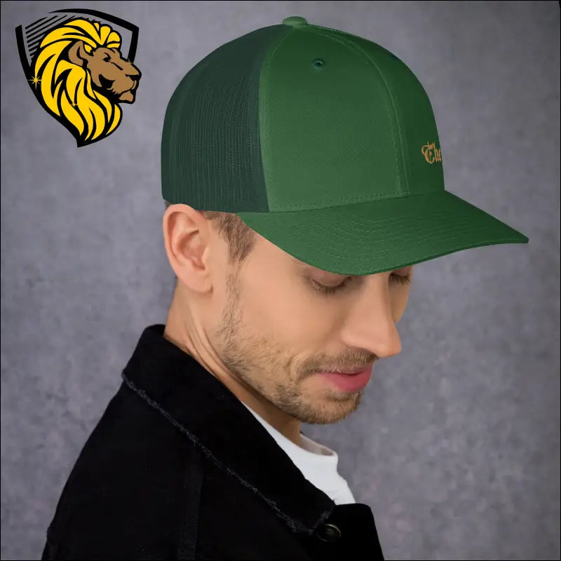 Green trucker cap with yellow logo, part of the Black Baseball Cap collection