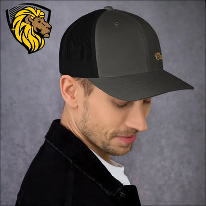 Black Baseball Cap with Gold The One Embroidery, a stylish trucker cap with gray panel