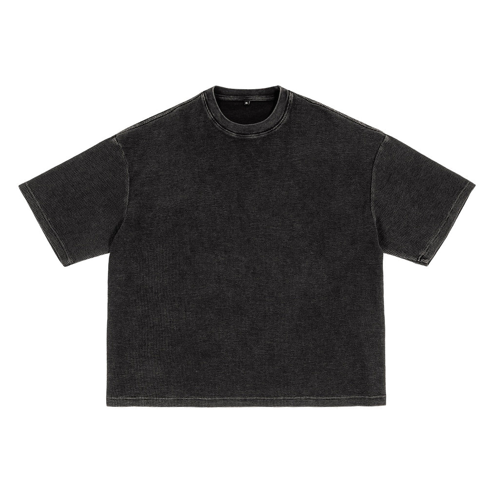 Black t-shirt with a logo on a white background
