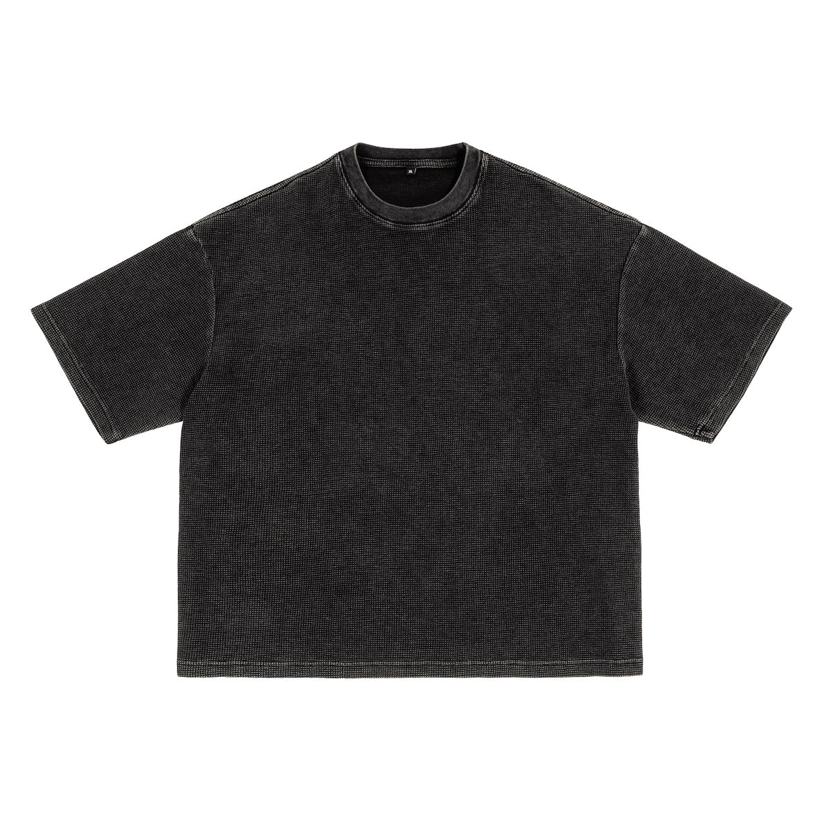 Black t-shirt with a logo on a white background