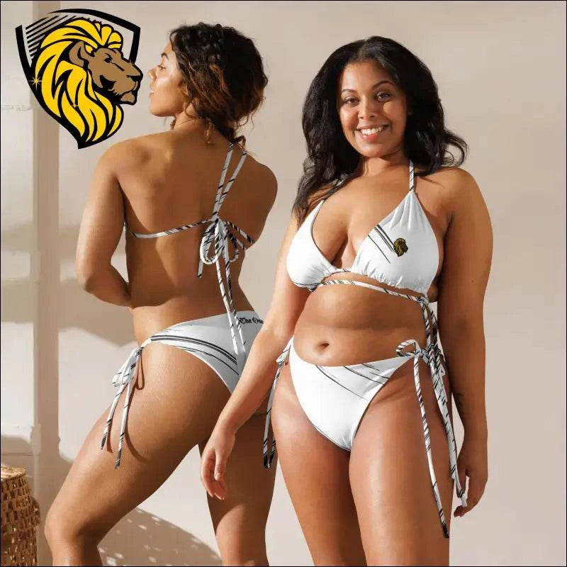 Plus size black and white string bikini with adjustable ties and eco-friendly fabric, modeled by two women with comfort and UPF 50+ sun protection.