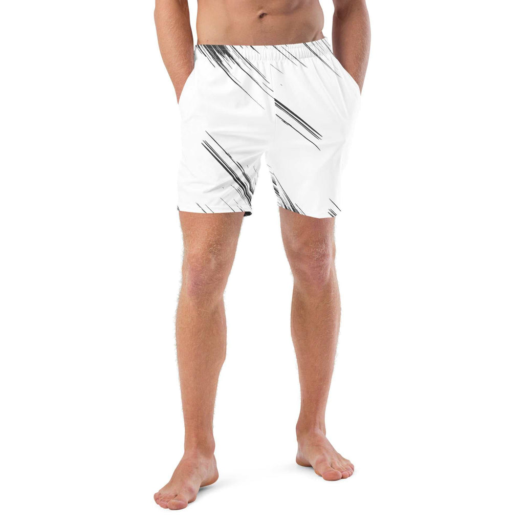 Black & white swim trunks with eco-friendly, water-repellent fabric and UPF 50+ protection for comfort and sustainability