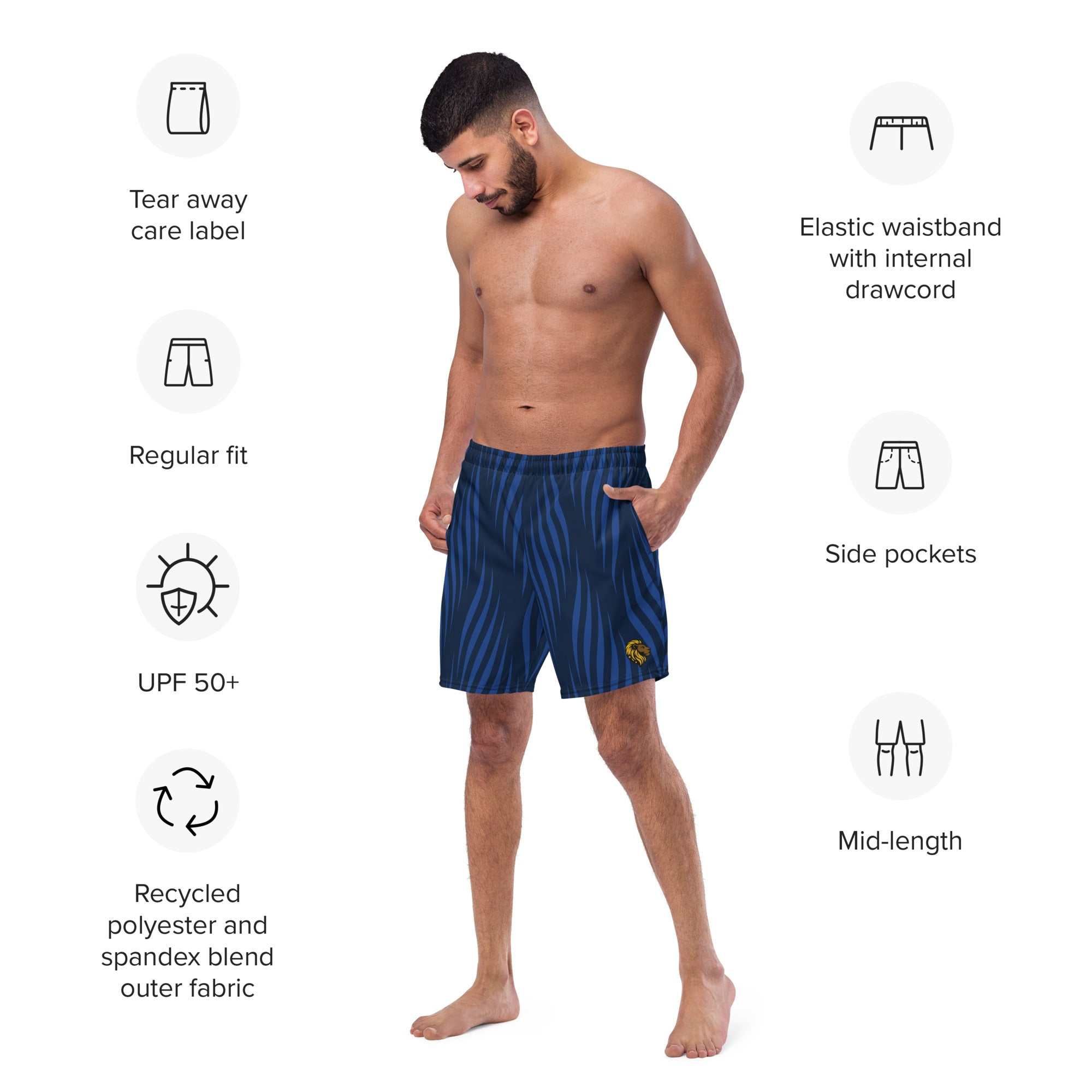 Men's Blue Patterned Swim Trunks - Elastic Waist, Pockets | The One PR