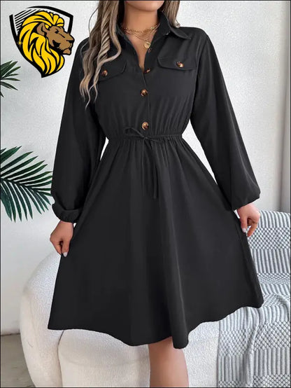 Collared Neck Long Sleeve Dress with Pockets