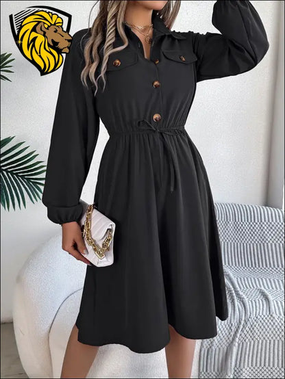 Collared Neck Long Sleeve Dress with Pockets