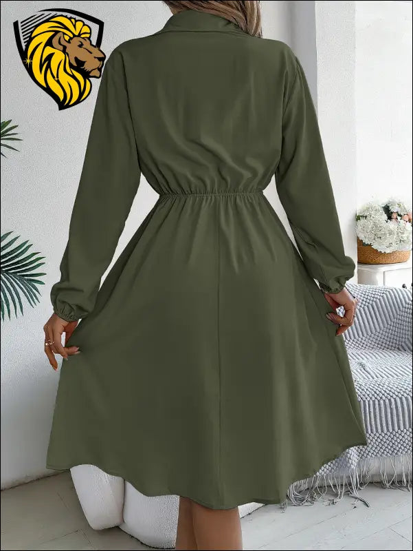 Collared Neck Long Sleeve Dress with Pockets