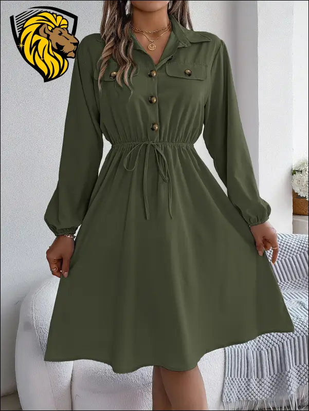 Collared Neck Long Sleeve Dress with Pockets