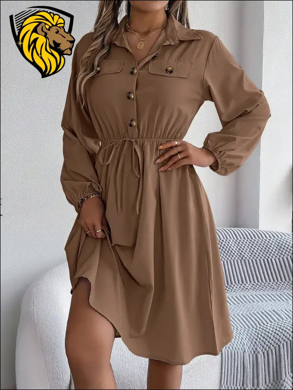 Collared Neck Long Sleeve Dress with Pockets