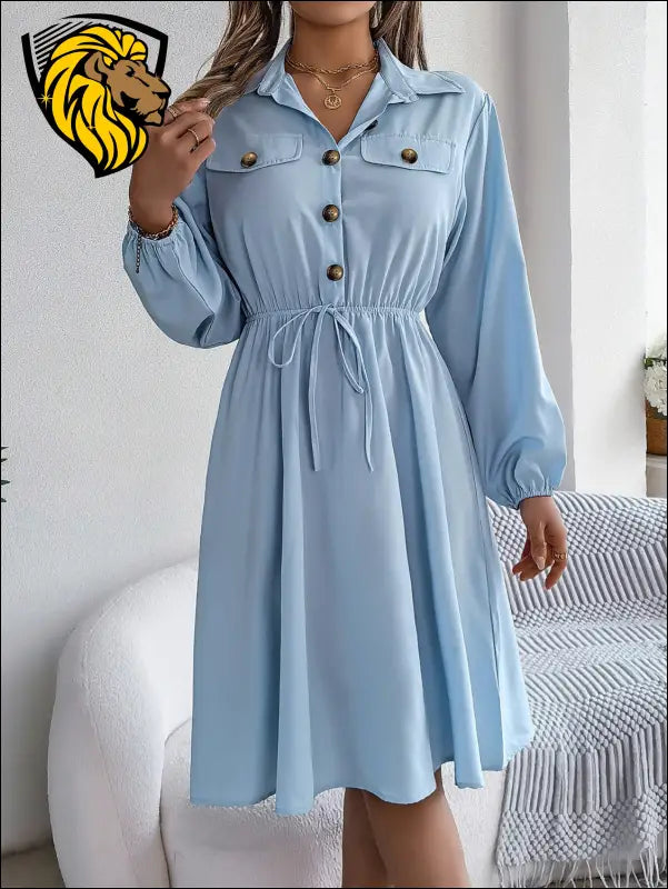 Collared Neck Long Sleeve Dress with Pockets