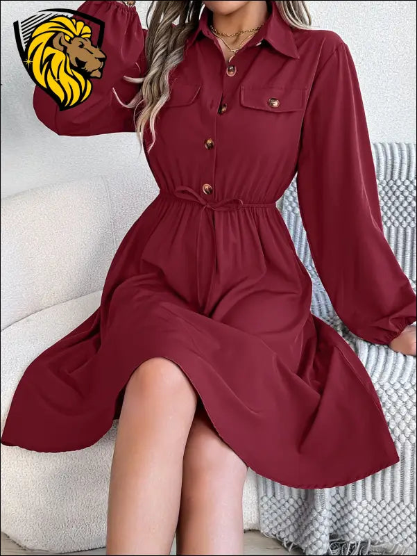 Collared Neck Long Sleeve Dress with Pockets