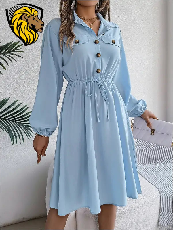 Collared Neck Long Sleeve Dress with Pockets