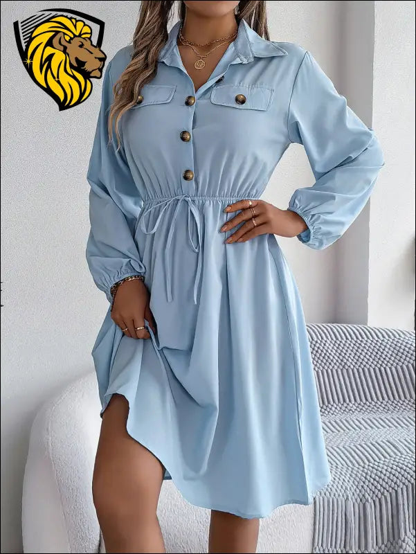 Collared Neck Long Sleeve Dress with Pockets