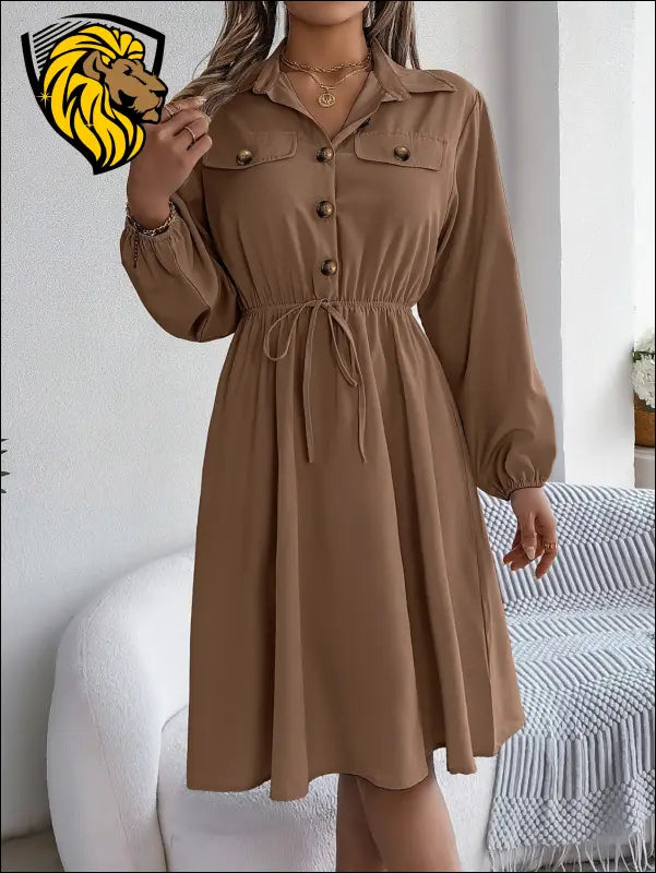 Collared Neck Long Sleeve Dress with Pockets