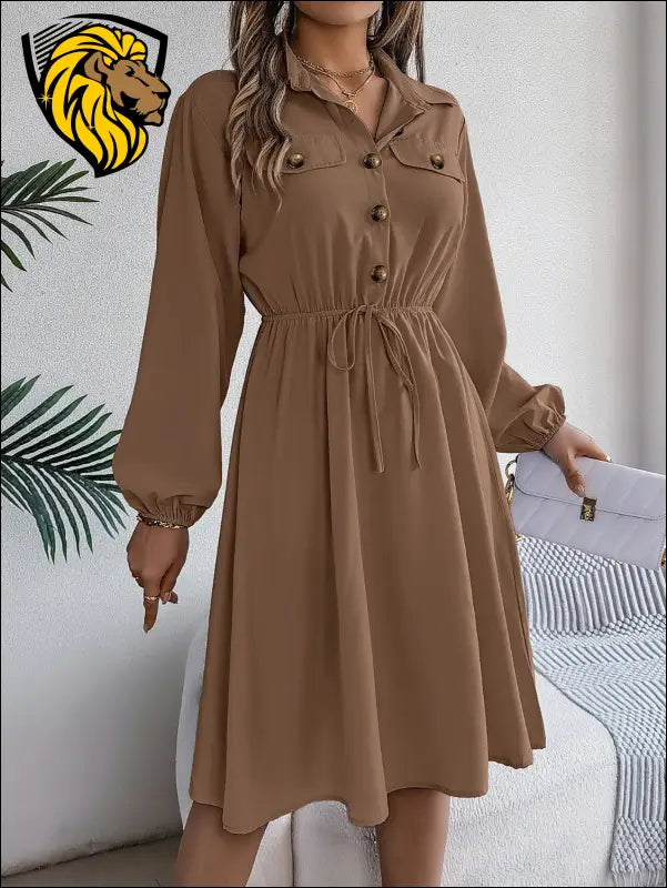 Collared Neck Long Sleeve Dress with Pockets