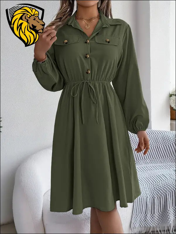 Collared Neck Long Sleeve Dress with Pockets