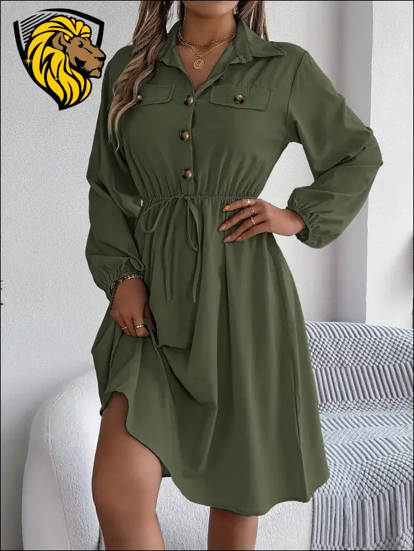 Collared Neck Long Sleeve Dress with Pockets