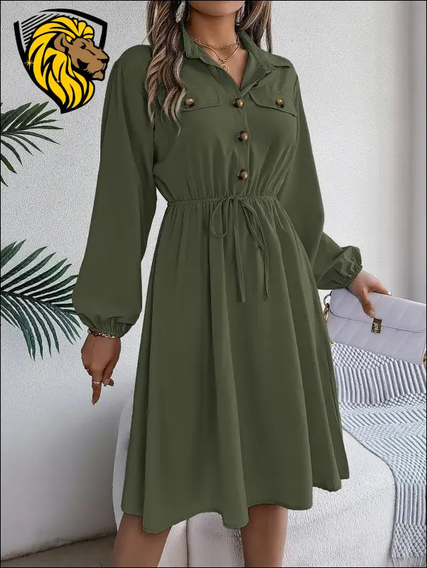 Collared Neck Long Sleeve Dress with Pockets - Army Green / S