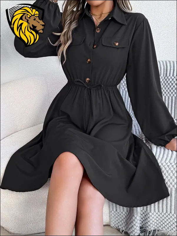 Collared Neck Long Sleeve Dress with Pockets - Black / S