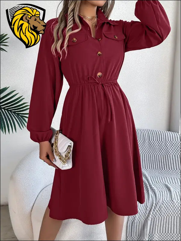 Collared Neck Long Sleeve Dress with Pockets - Burgundy / S