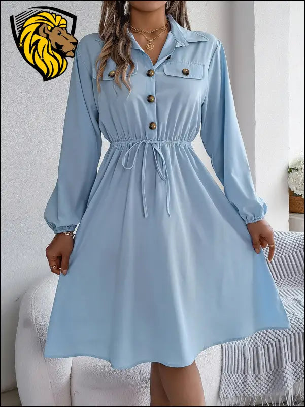 Collared Neck Long Sleeve Dress with Pockets - Light Blue / S