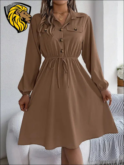 Collared Neck Long Sleeve Dress with Pockets - Taupe / S