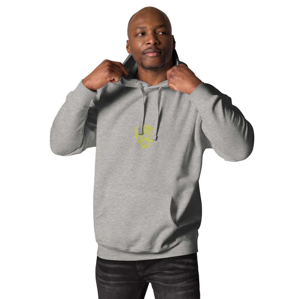 Man in Grey GREAT THINGS Hoodie by The One PR. Men's Streetwear Fashion.