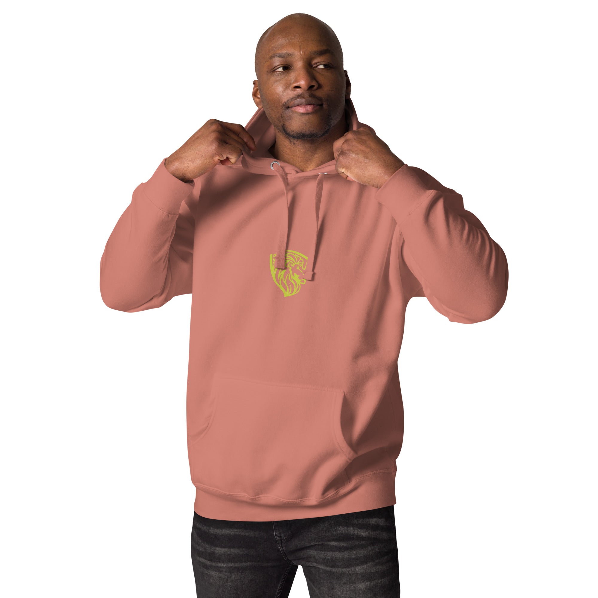 GREAT THINGS Hoodie: Men's Fashion Apparel - Man wearing a salmon-colored hoodie with a green lion logo.