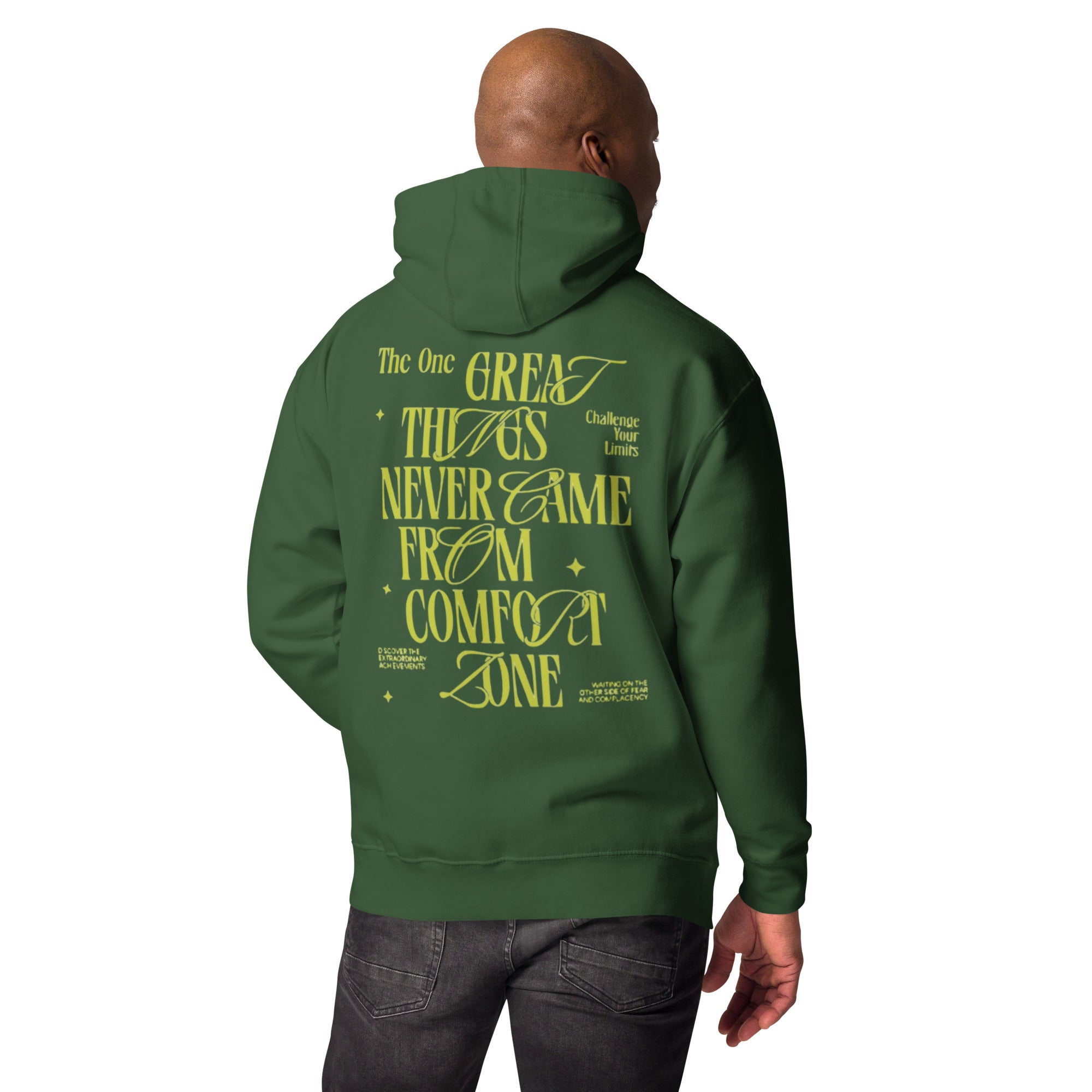 Unisex Forest Green Hoodie with "Great Things" Motivational Quote. Back view.