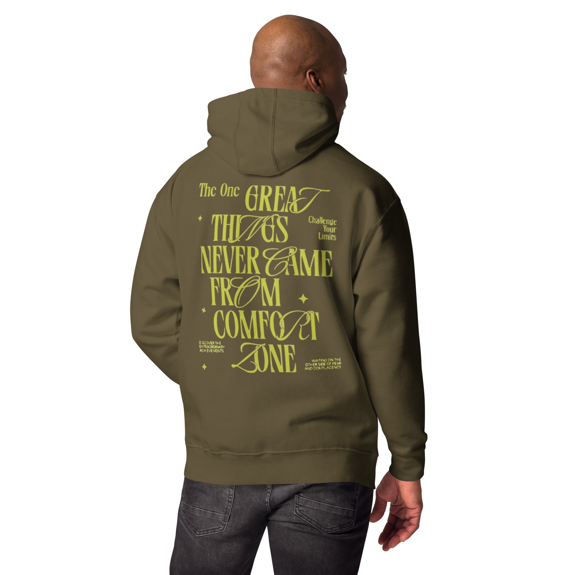 Olive Green Hoodie Mockup: 'The One Great Things' Motivational Quote on Back. Comfort Zone Apparel for Inspiration.