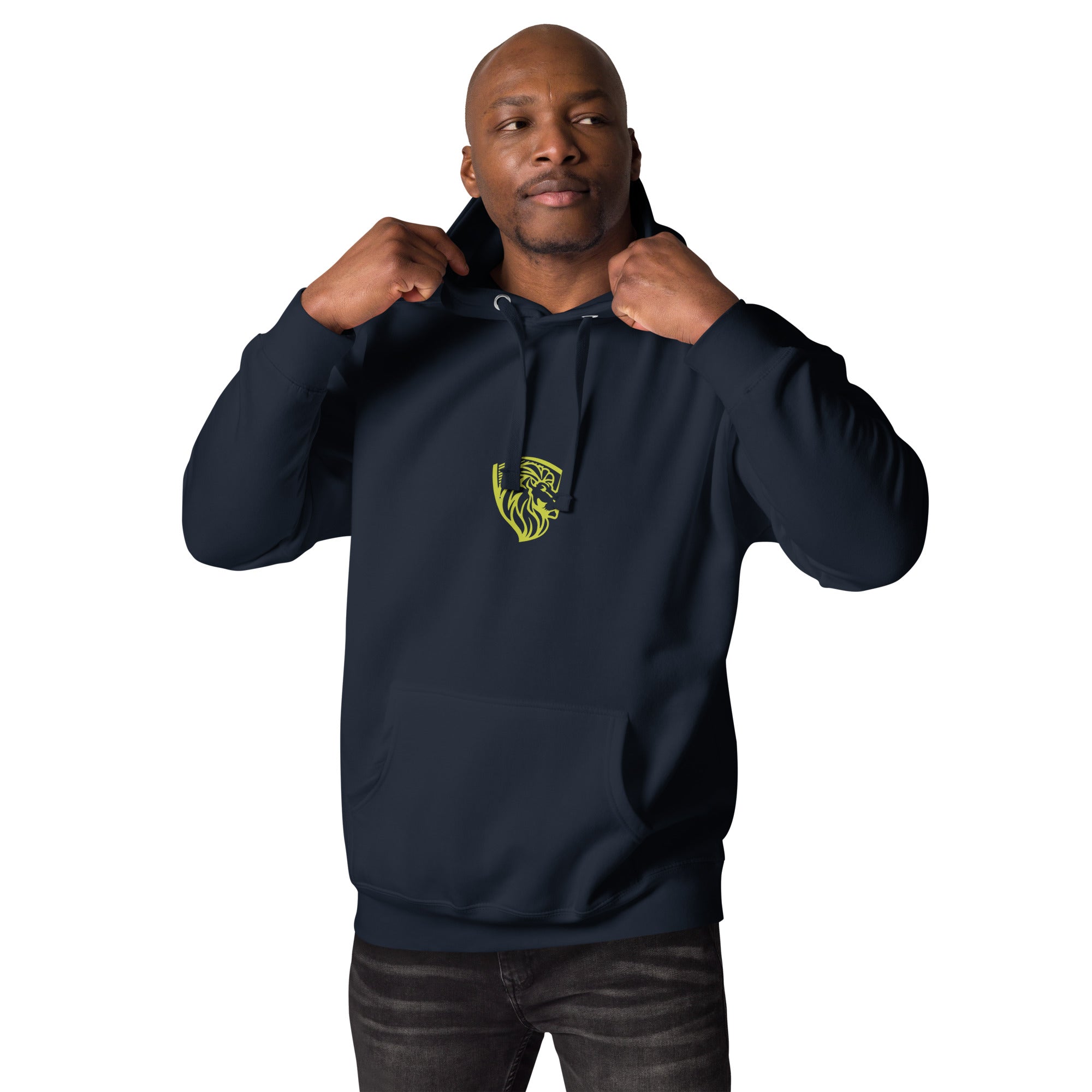 GREAT THINGS HOODIE: Men's Dark Blue Hoodie with Yellow Lion Logo, The One PR.