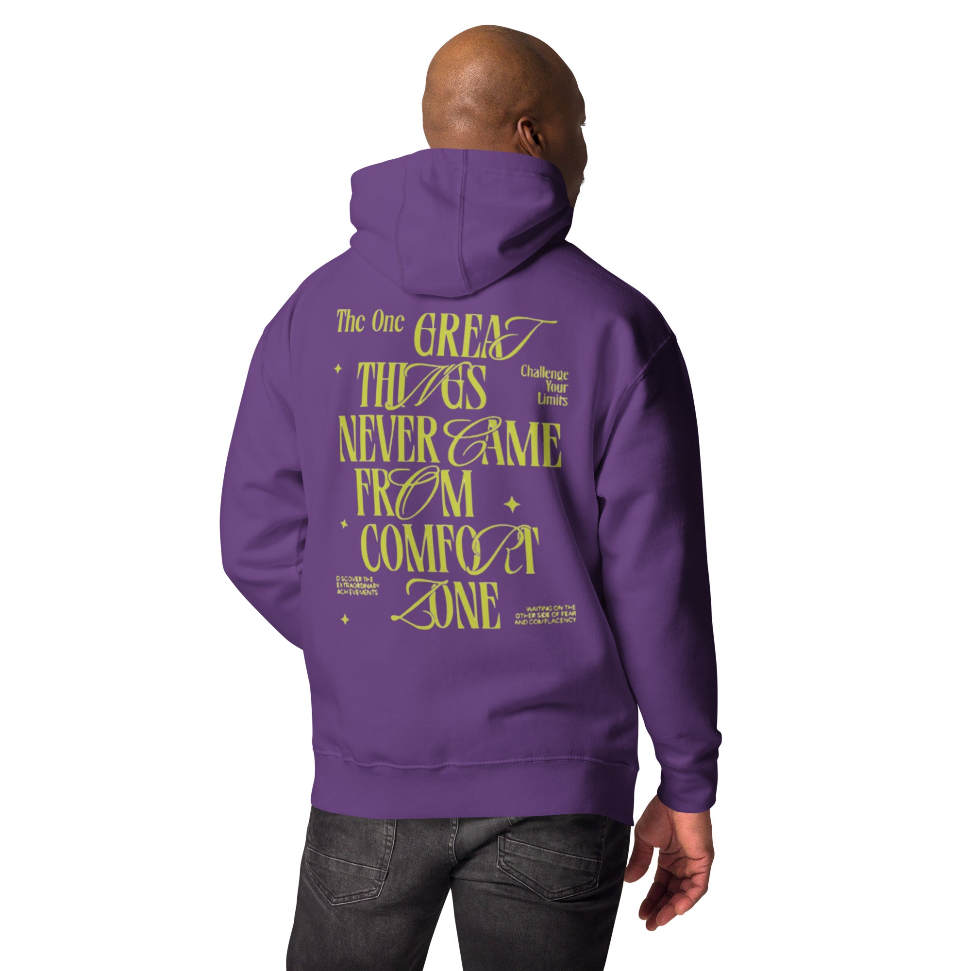 Purple hoodie mockup featuring 'Great Things' quote. Back view of person wearing it.
