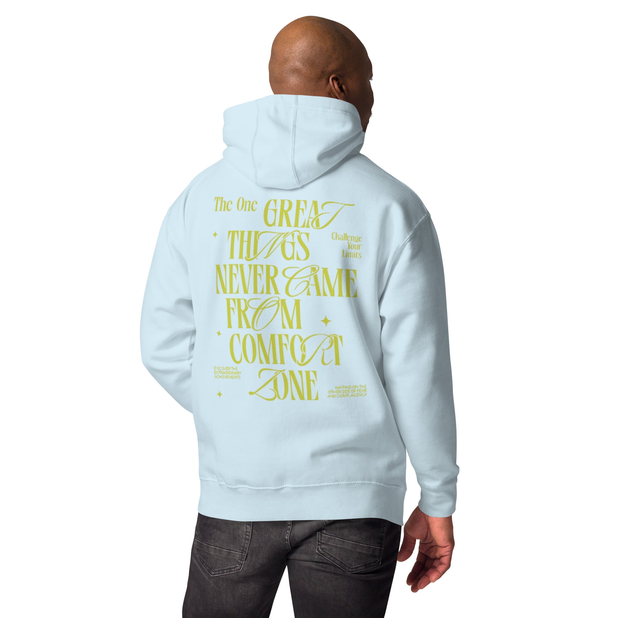 Men's Light Blue Hoodie - "GREAT THINGS" Motivational Quote, Comfort Zone, Stylish Pullover, Fashionable Men's Apparel
