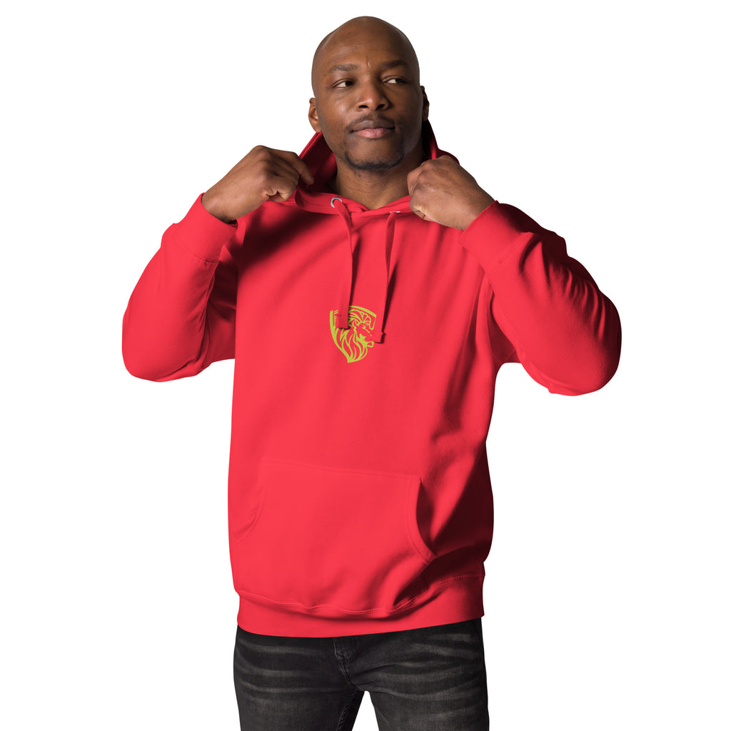 Red men's hoodie with a lion logo from The One PR - stylish streetwear